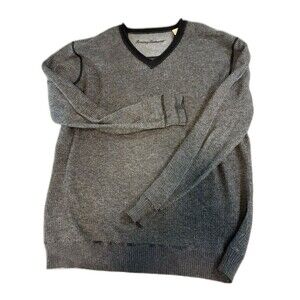 Tommy Bahama V-Neck Sweater L Gray Cotton Wool Knit Pullover Long Sleeve Casual